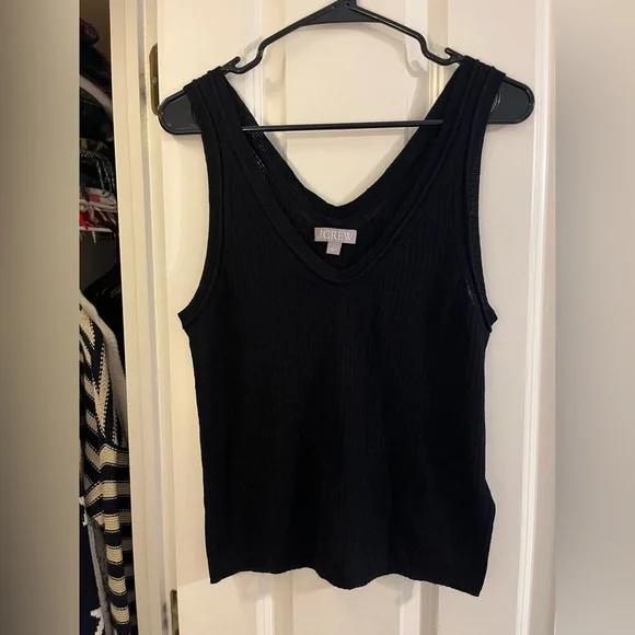 J. Crew Merino Wool Linen Blend Black Ribbed V-Neck Tank - Picture 2 of 5